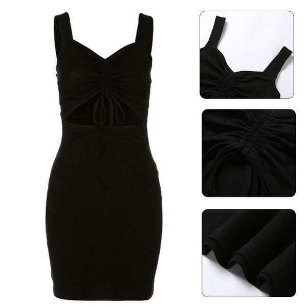 

women summer sleeveless v-neck black bodycon mini dress backless ruched drawstring front hollow out high waist party clubwe, Black;gray