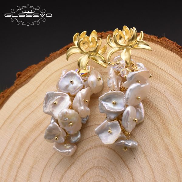 

glseevo natural fresh water baroque pearl drop earrings for women wedding dangle flower earrings luxury handmade jewelry ge0310 200923, Silver