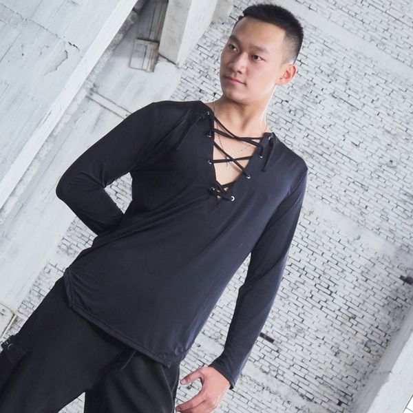

latin dance dance clothes for men long sleeves v-neck latin shirts ballroom dance practice dress rumba i889, Black;red