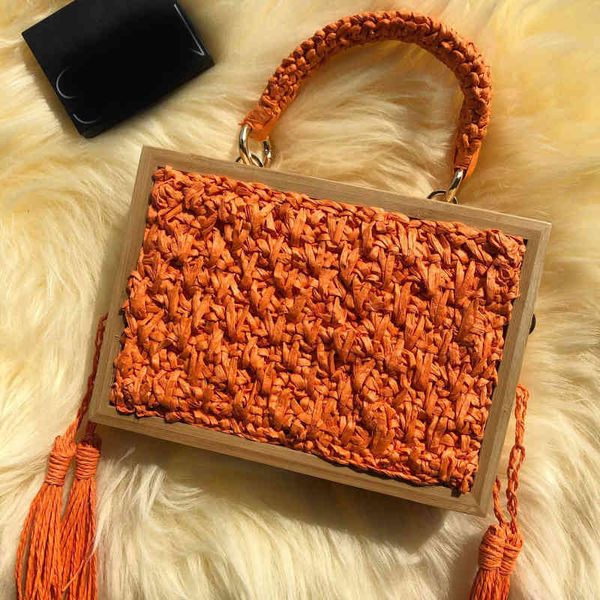 Einkaufstaschen Mode Holzkiste Stroh Designer Wicker Woven Frauen Handtaschen Luxus Ketten Rattan Schulter Umhängetasche Sommer Strand Tasche 220301