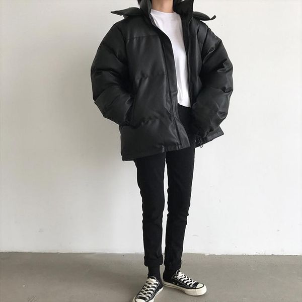 

black thicken oversize stylish pu leather new warm all match students warm female outwear loose coat