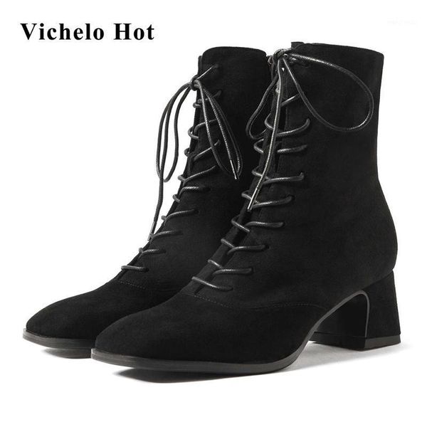 

vichelo sheep suede square toe med heel cross-tied mature young lady streetwear handsome winter sale mid-calf boots l031, Black