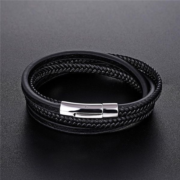 

cool fashion multi-layer leather rope hand-woven vintage magnetic buckle jewelry bracelet men's bracelet, Golden;silver