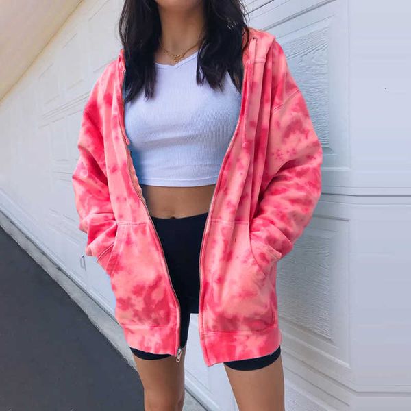 

new fashion autumn women's casual pad-dyeing zipper hooded special tie dye loose comfortable for women lady jacket, Black;brown