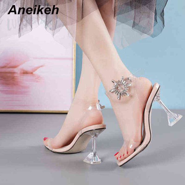 Sandálias Aneikeh 2022 Moda de Verão Strass Limpar PVC Sandálias Transparentes Mulheres Sapatos Peep Toe Spike Salto alto 41 42 220121