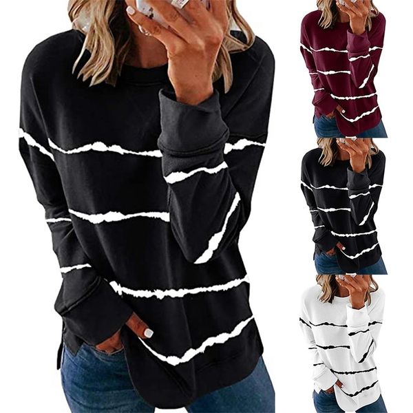 

women striped o neck long sleeve casual loose pullovers d30 201126, Black