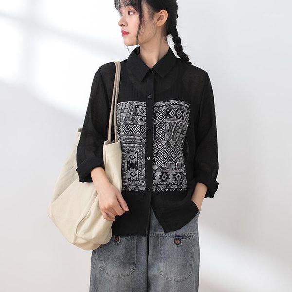 

blouse women 2020 spring chiffon shirt long-sleeved literature printed casual female clothes loose women 1, White