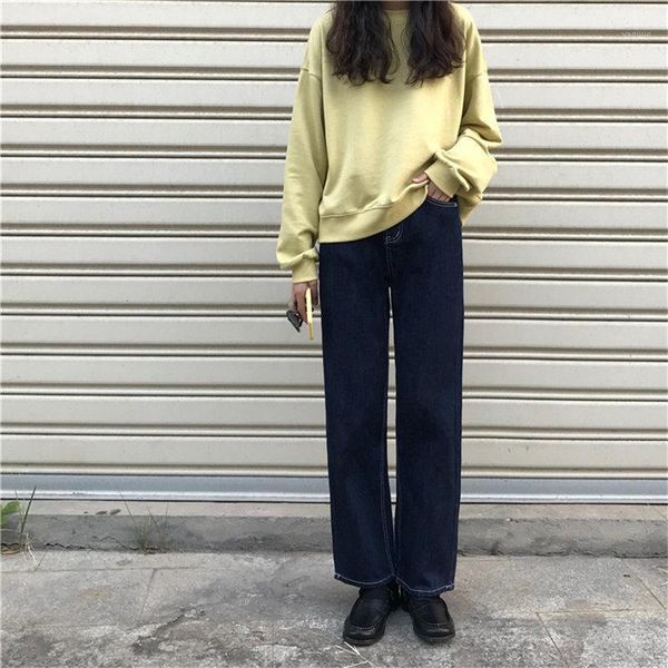 

dark blue jeans chic slim slender denim 2020 straight pockets brief cowboy loose high waist casual large size trousers1