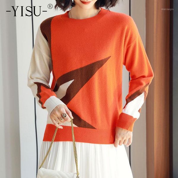 

yisu 2020 autumn winter new female sweater o-neck stitching color wool all-match jumper fashion simplicity women pullover1, White;black