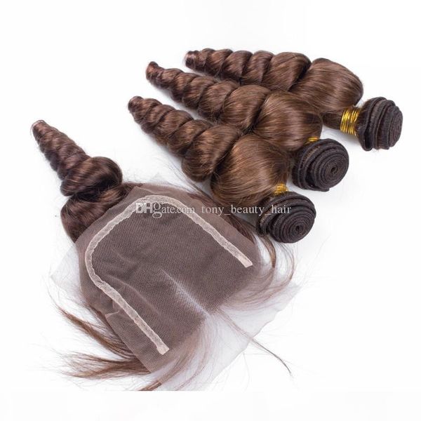 

loose wave indian hair with closure loose curly hair 3 bundles with lace closures piece color #4 medium brown human hair extensions, Black
