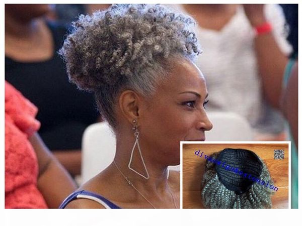 

100% real hair gray puff afro ponytail hair extension clip in remy afro kinky curly drawstring ponytails grey hair extension 120g, Black