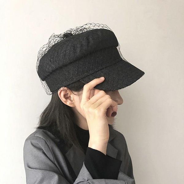 

berets british style retro denim flat beret cap with mesh veil women girl sun protection visor button painter elegant navy hat, Blue;gray