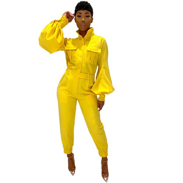 

solid color lantern sleeve womens jumpsuits autumn multi pocket skinny ladies rompers fashion casual female clothing, Black;white