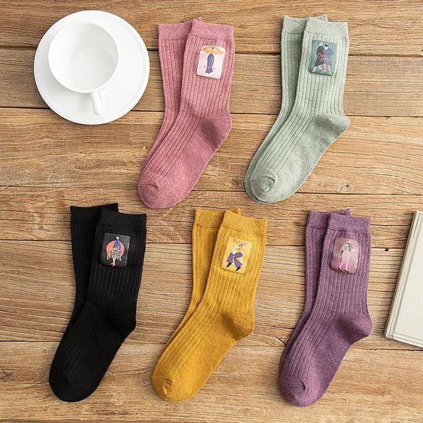 

harajuku style 2020 new fasahion women's crew socks breathable cotton socks creative cartton painting girl's middle1, Black;white