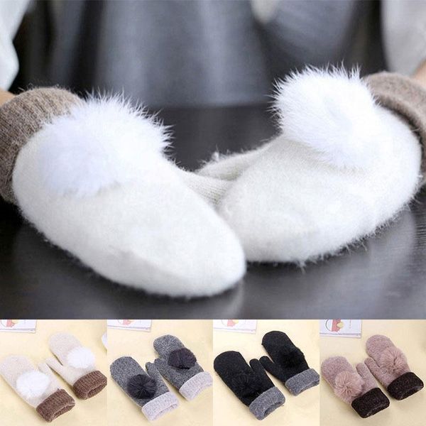 Luxus-verdicken Samt volle Finger-Handschuhe gestrickte Handschuhe Wolle Handschuhe Double Layer-Pelz-Pompom Handschuh Soft-warme Winter Handgelenk