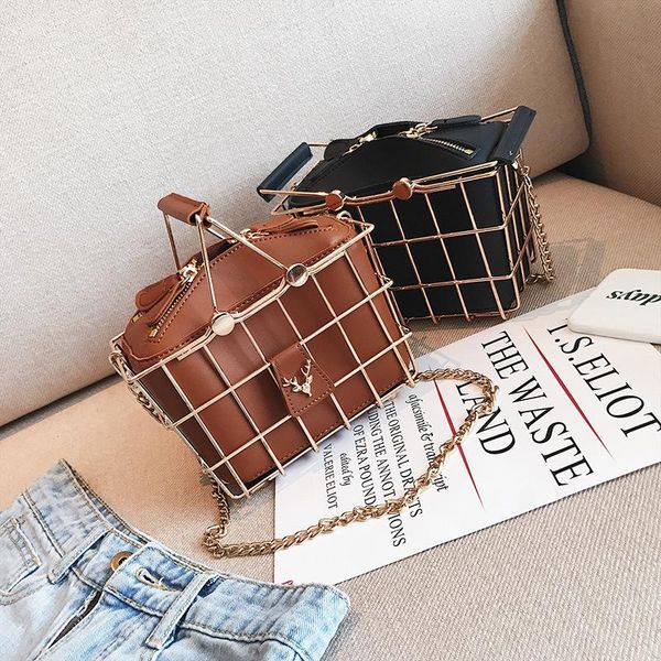 

new all-match metal frame leather handbags personality bird cage crossbody bags women casual motorcycle bag iron basket handbag