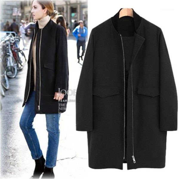 

coat fashion trend stand collar plush zipper fly pocket jackets designer female winter warm mid-length outerwear ladies long sleeve woolen, Black;brown