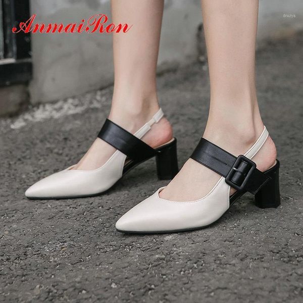 

anmairon basic high heels casual buckle strap pu pointed toe wedding shoes square heel spring/autumn classics womens shoes 34-431, Black