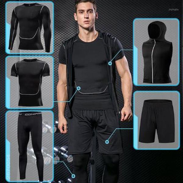 

2020 5 pcs/set men's tracksuit gym fitness compression sports suit clothes running jogging sport wear exercise workout tights1, Gray