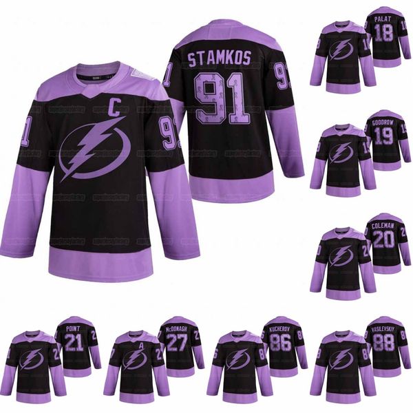 

91 steven stamkos tampa bay lightning 2021 fights cancer jersey victor hedman andrei vasilevskiy nikita kucherov brayden point tyler johnson, Black;red