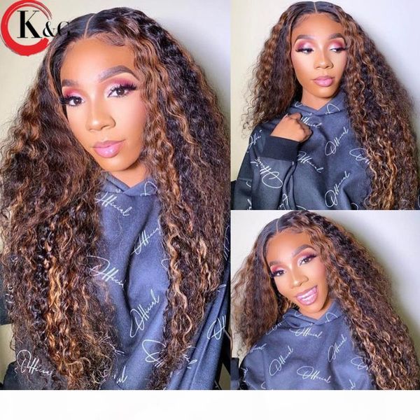 

kungang ombre t-part lace front human hair wigs curly 150% density lace wigs with baby hair brazilian middle ratio non-remy, Black;brown