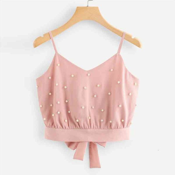 

summer chiffon vest camisole backless solid pearl beading camis sleeveless short crop camisoles streetwear, White