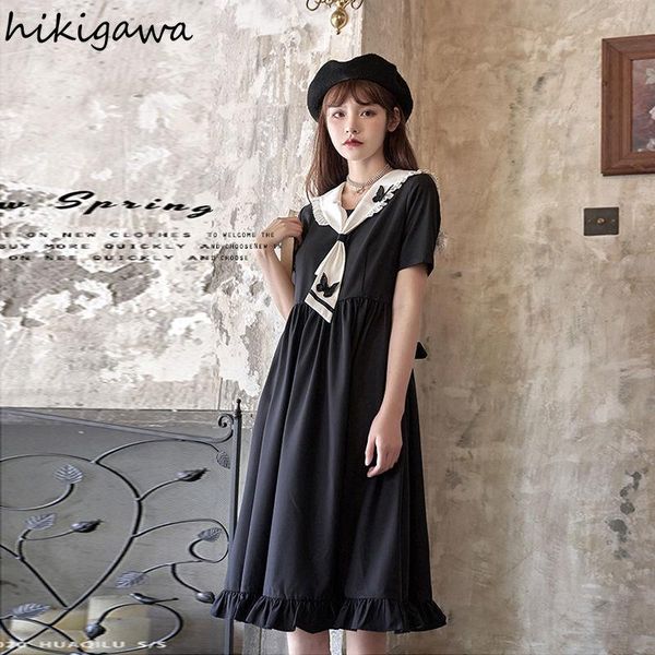

hikigawa women's dress sailor collar short sleeve dresses ruffles preppy style loose slim waist japanese vestido de mujer 7z234, White;black