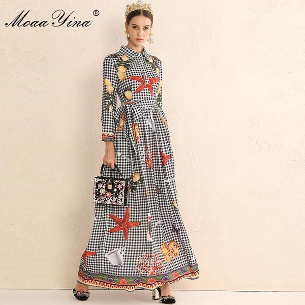 

moaayina fashion designer runway dress autumn women long sleeve plaid lemon cookies starfish floral print slim elegant dress1, Black;gray
