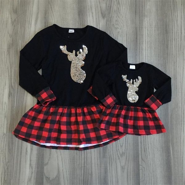 

christmas fall/winter baby girls deer flip sequins plaid cotton dress children clothes ruffles boutique knee length mommy &me y200325, White