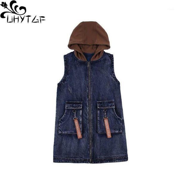 

uhytgf m-5xl oversized spring autumn waistcoat vest short jacket fashion double breasted black slim denim vests coats female 2301, Black;white
