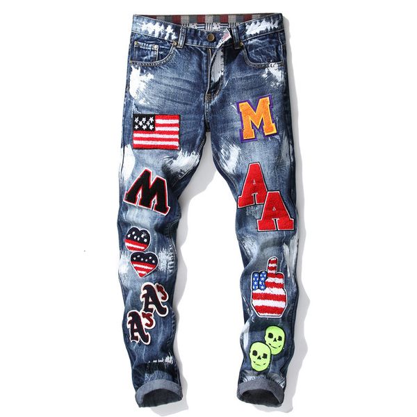 

new autumn 2021 small tube straight jeans patched flag emblem paint denim male fashion pants v9rw, Blue