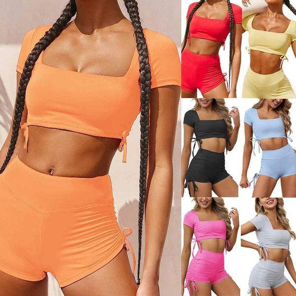 

yoga outfits 2021 summer women set two piece sportswear short sleeve shorts fitness running gym sports clothes tracksuits1, White;red