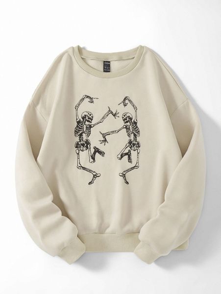 

skeleton print drop shoulder thermal pullover o2dr#, White;black