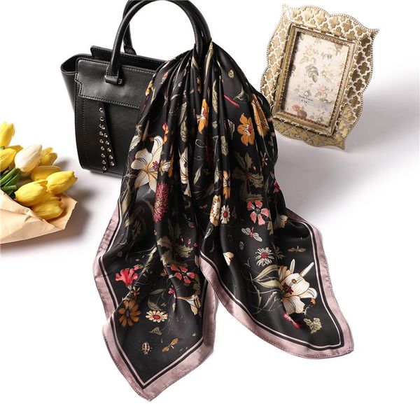 

2020 new women silk scarf square head scarves floral print office female foulard neck scarfs small shawl hair wrap ring, Blue;gray