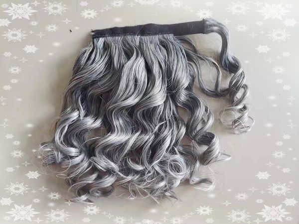 

salt&pepper wavy silver grey hair ponytail for black women short custom two tone gray loose wave natural hairpiece 10-20inch 100g 120g 140g