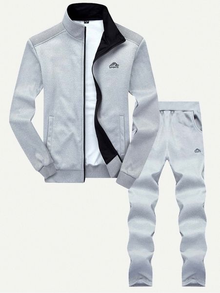 

men embroidery zip through sweatshirt with pants b7qc#, Gray