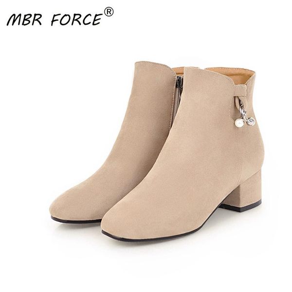 

mbr force new high heels ladies metal buckle pearl decoration suede low-heeled non-slip rubber sole casual zipper women's boots, Black