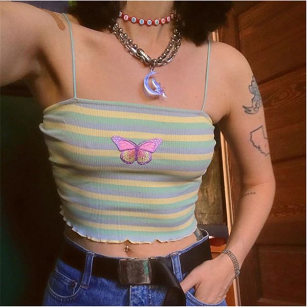 

ribbed women crop summer butterfly embroidery strap striped tank feminino ladies elastic ruched short vest camisole