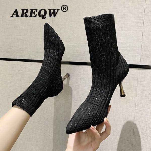 

boots women sock poin elastic high slip on ankle pumpssock shoes, Black