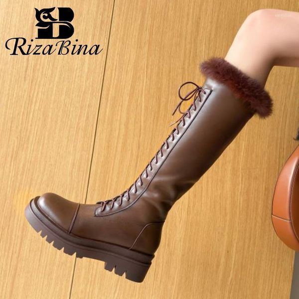

rizabina size 33-43 women knee boots fashion platform warm fur high heel winter shoes woman zipper cross strap lady footwear1, Black
