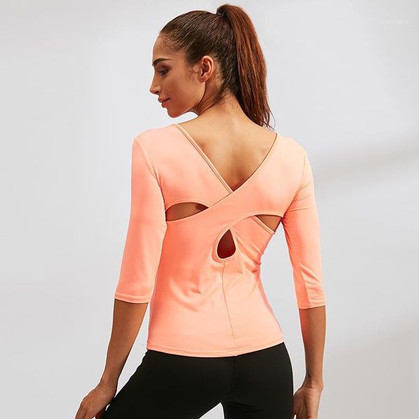 

yoga outfits fanceey sport shirt women fitness seamless gym long-sleeved back crossing shirt1, White;red