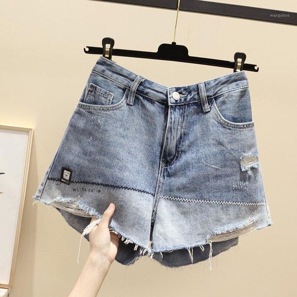 

jsxdhk summer women plus size jean shorts new fashion gradual change tassel hole shorts denim wide leg pant1, Blue