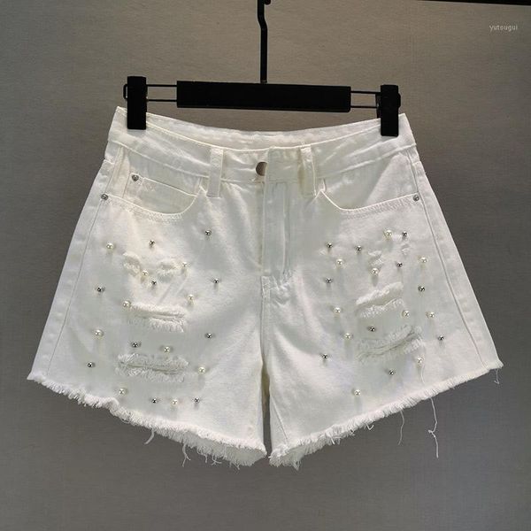 

white denim shorts women's 2020 summer wear new high-waisted slimming beads burrs holes wide-leg pants jeans shorts mujer1, Blue