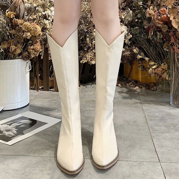 

lucyever fashion pointed toe western knee high boots women black beige low heel cowboy long boots woman pu leather botas mujer #cn7v