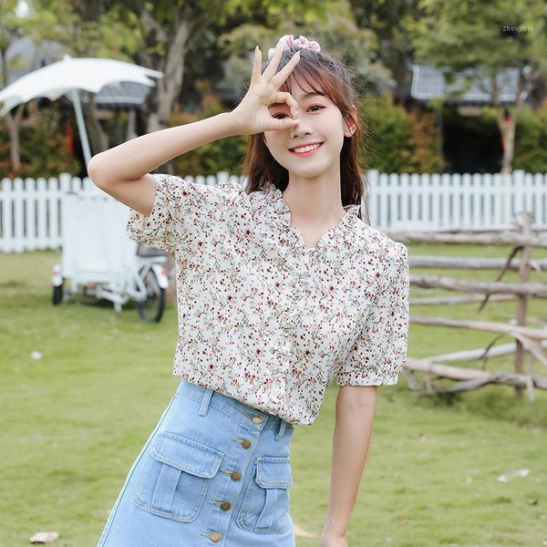 

blouse good quality feminina women's clothes 2020 spring summer style floral v-neck chiffon shirts female a60301, White