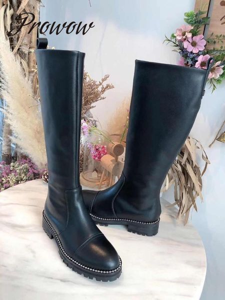 

prowow autumn winter genuine leather zip side boots round toe thick heel knee high boots shoes women, Black