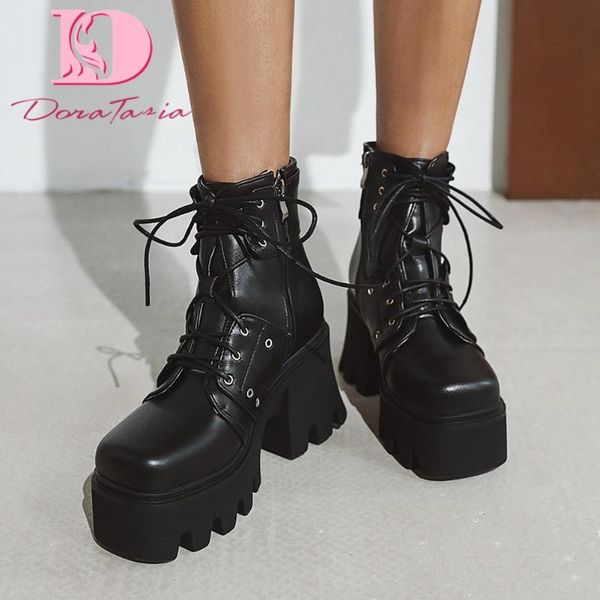 

doratasia 2020 big size 44 fashion platform brand design winter women shoes shoelaces motorcycles ankle boots, Black