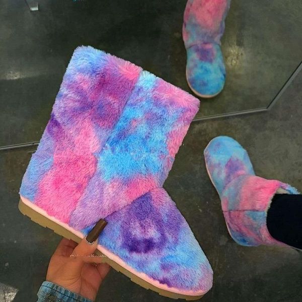 

new snow boots women winter keep warm flat cotton shoes colorful plush platform slip on ladies mid calf boots zapatos mujer, Black