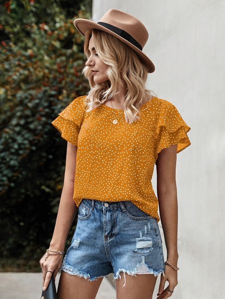 

polka dot butterfly sleeve blouse u7bs#, White