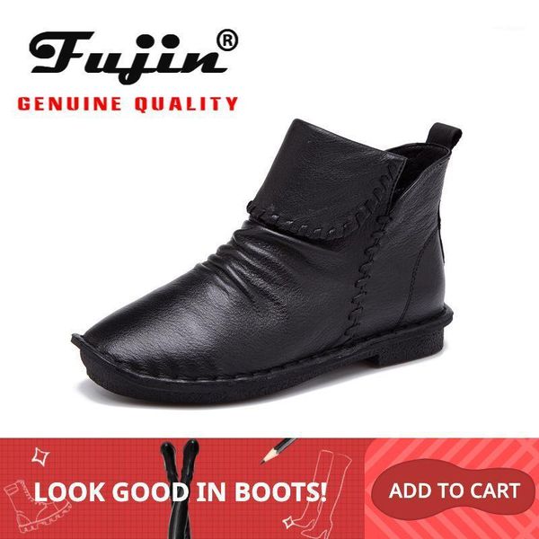 

fujin 2020 genuine leather fashion slip on handmade round toes low heel ankle boots autumn winter snow boots women1, Black